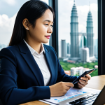 A professional Malaysian businesswoman in a modest business suit, seated comfortably at a sleek, minimalist desk in a modern high-rise office. She is looking thoughtfully at a digital tablet displaying financial charts and property development plans, with a pen in her well-formed hand. The background features a blurred, vibrant cityscape of Kuala Lumpur under clear daylight, symbolizing growth and opportunity. The scene emphasizes financial foresight and stable investment. Perfect anatomy, correct proportions, natural pose, proper finger count, natural body proportions. Professional photography, high quality, realistic, fully clothed, appropriate attire, modest clothing, professional dress, safe for work, appropriate content, professional, family-friendly.