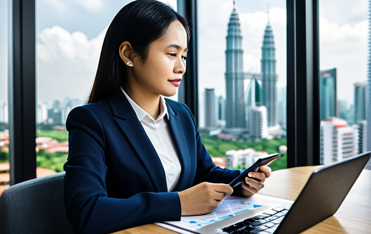 A professional Malaysian businesswoman in a modest business suit, seated comfortably at a sleek, minimalist desk in a modern high-rise office. She is looking thoughtfully at a digital tablet displaying financial charts and property development plans, with a pen in her well-formed hand. The background features a blurred, vibrant cityscape of Kuala Lumpur under clear daylight, symbolizing growth and opportunity. The scene emphasizes financial foresight and stable investment. Perfect anatomy, correct proportions, natural pose, proper finger count, natural body proportions. Professional photography, high quality, realistic, fully clothed, appropriate attire, modest clothing, professional dress, safe for work, appropriate content, professional, family-friendly.
